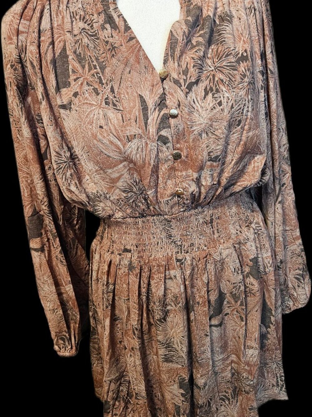Size S Entro Brown Tropical Palm Mini Dress Smocked Waist NWT